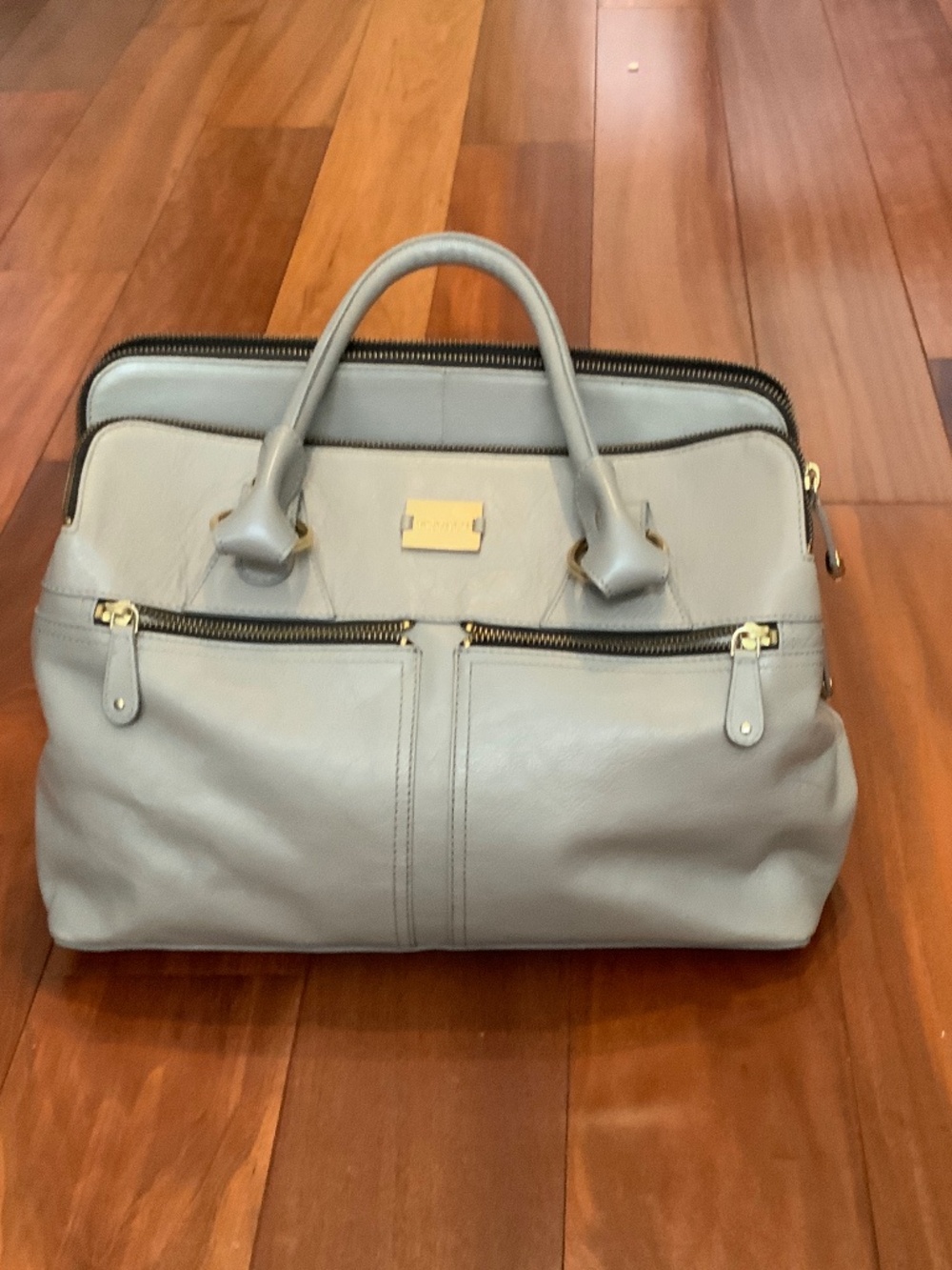 Modalu London Leather Satchel Taupe/Grey Gold Hardware Double Zip Bag